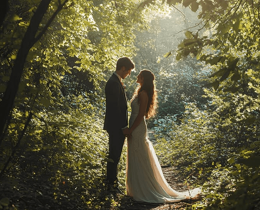 A couple embracing in a sunlit forest