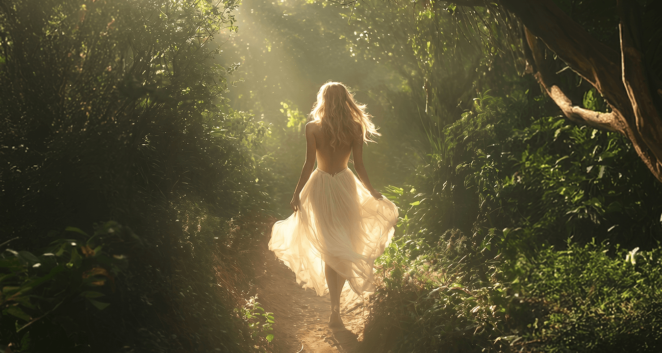 A woman in a white dress in a green field