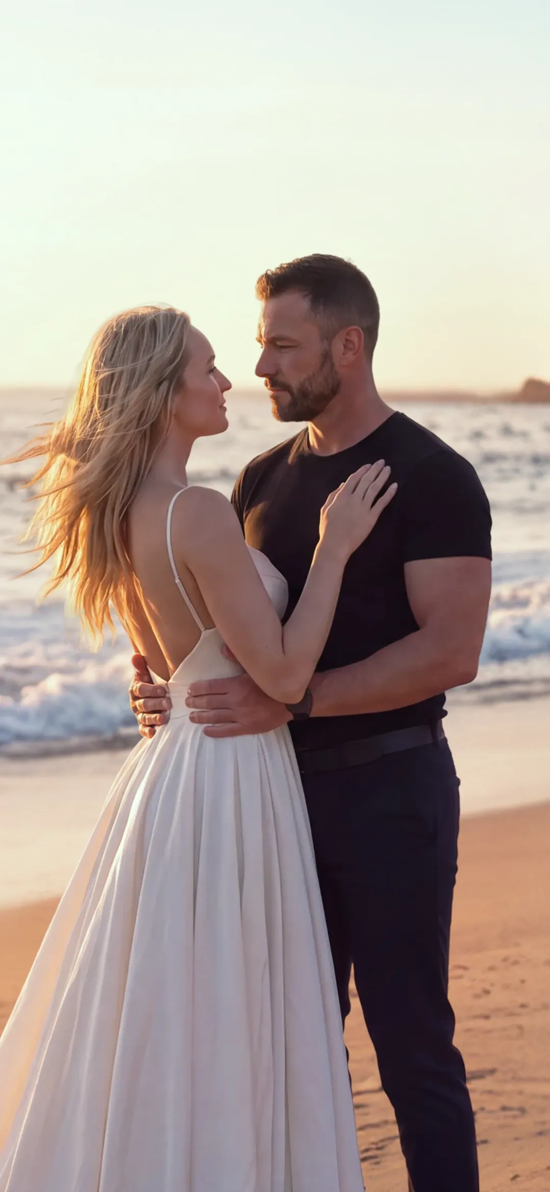 A couple embracing on a sunlit beach at golden hour
